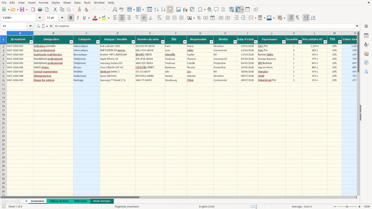 Capture 1 : onglet Inventaire - Modèle Excel tableau excel inventaire matériel
