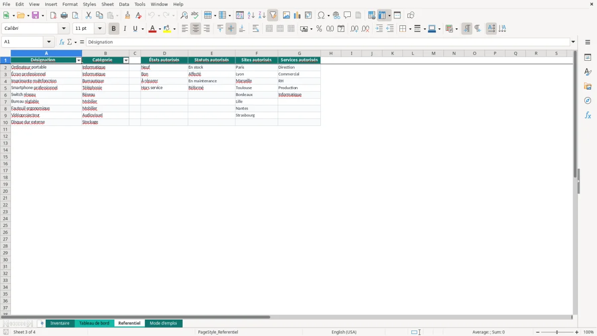 Capture 3 : onglet Referentiel - Modèle Excel tableau excel inventaire matériel