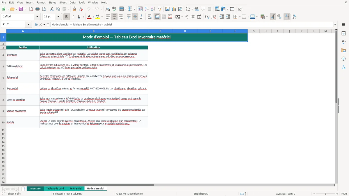 Capture 4 : onglet Mode d'emploi - Modèle Excel tableau excel inventaire matériel