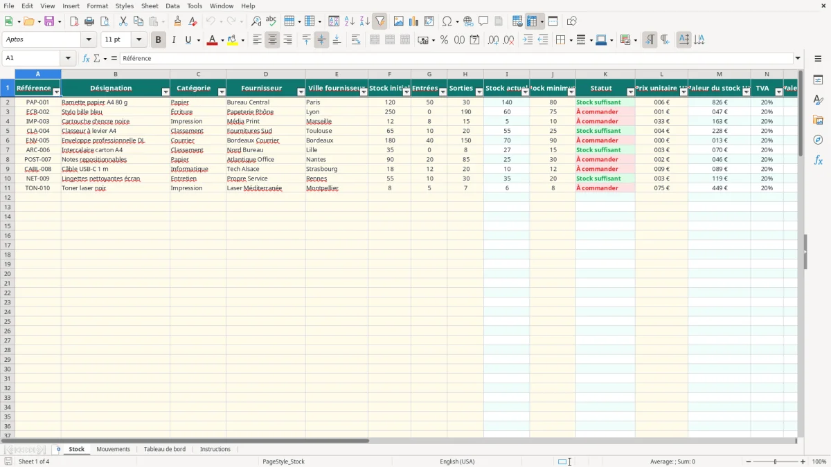 Capture 1 : onglet Stock - Modèle Excel tableau excel stock fournitures