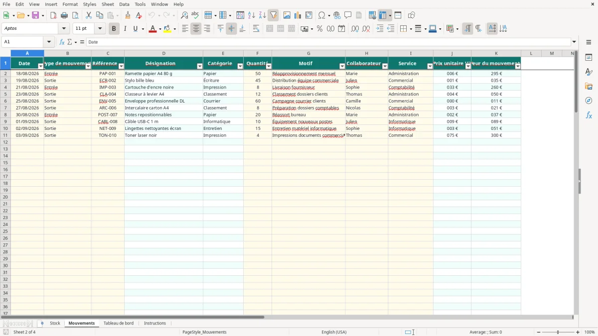 Capture 2 : onglet Mouvements - Modèle Excel tableau excel stock fournitures