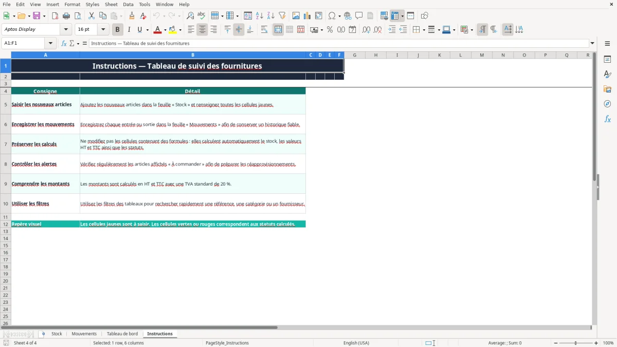 Capture 4 : onglet Instructions - Modèle Excel tableau excel stock fournitures