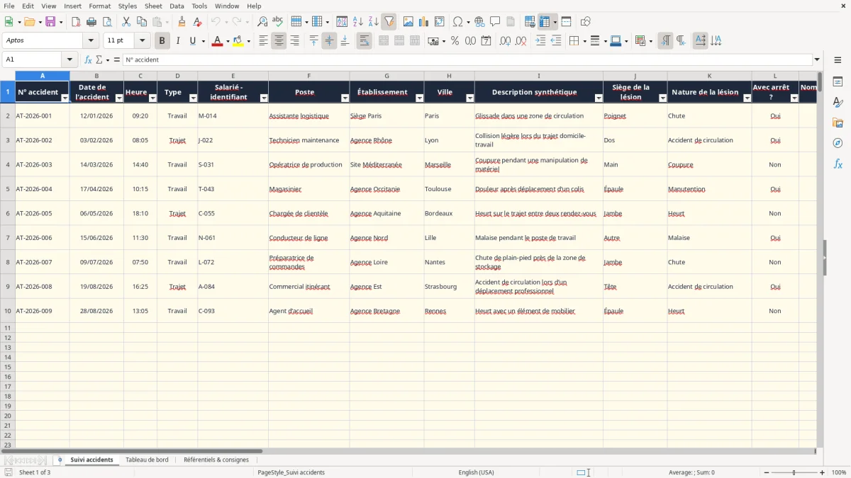 Capture 1 : onglet Suivi accidents - Modèle Excel tableau excel suivi des accidents du travail gratuit