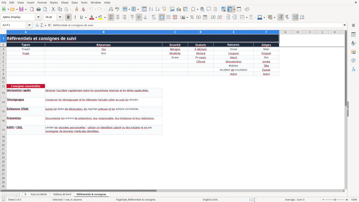 Capture 3 : onglet Référentiels & consignes - Modèle Excel tableau excel suivi des accidents du travail gratuit