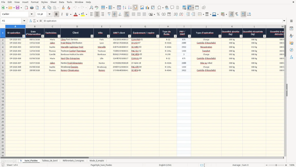 Capture 1 : onglet Suivi_Fluides - Modèle Excel tableau excel suivi fluide frigorigène