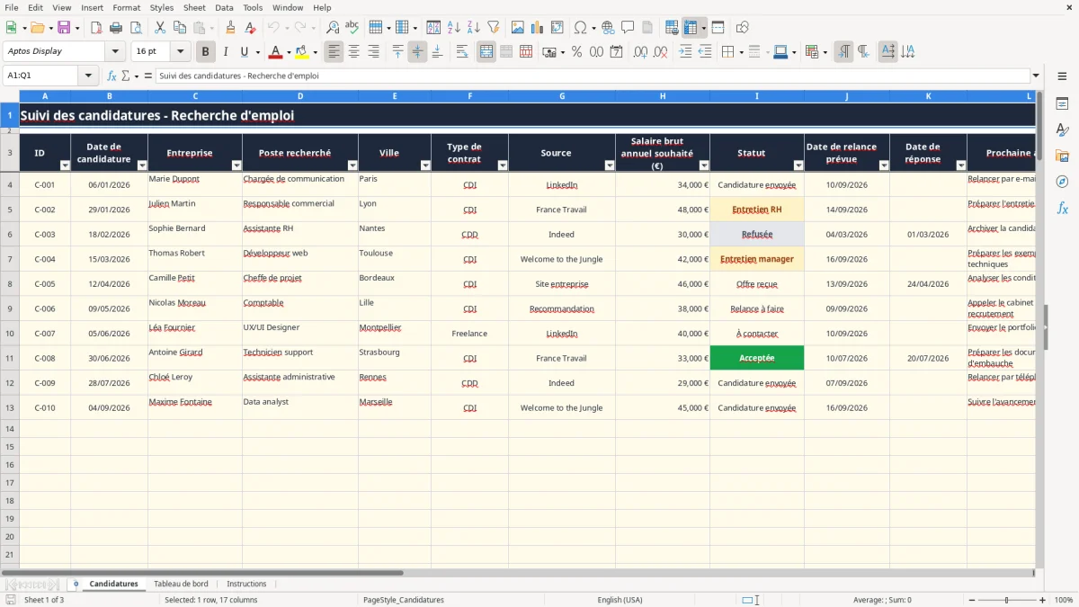 Capture 1 : onglet Candidatures - Modèle Excel tableau suivi candidatures recherche emploi Excel
