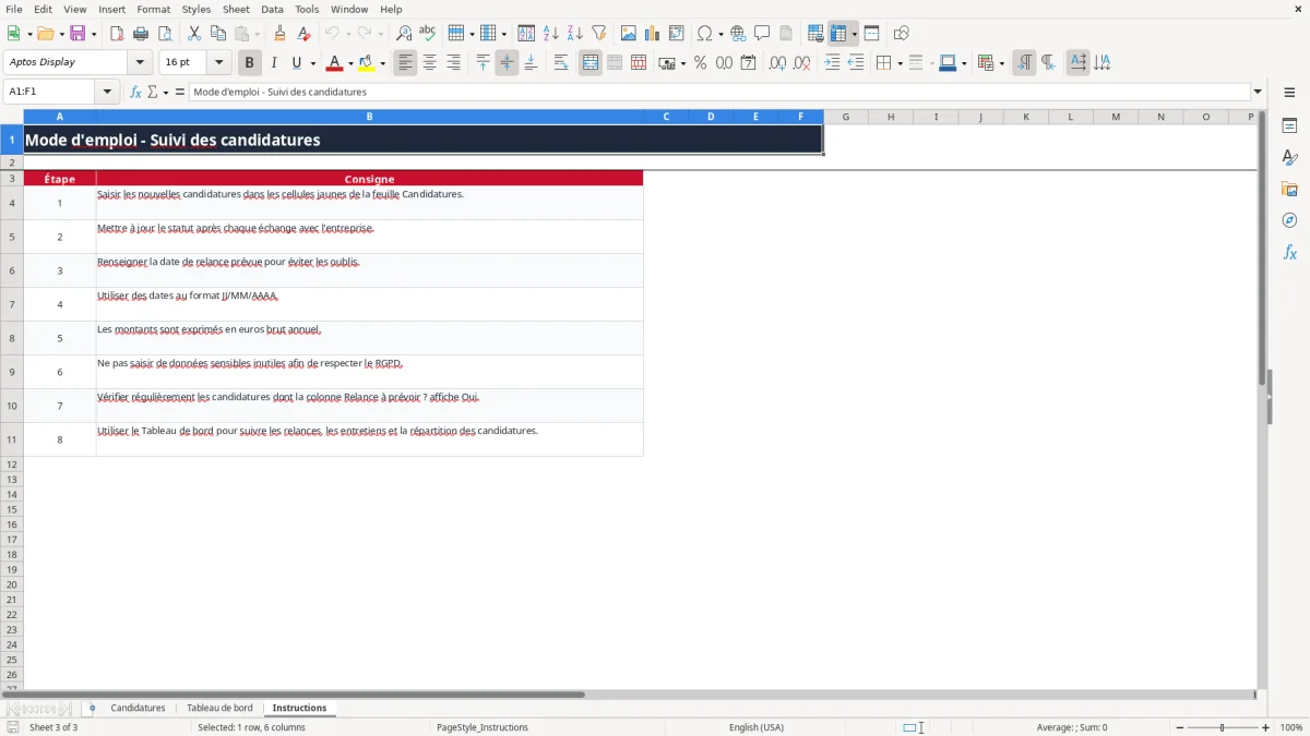 Capture 3 : onglet Instructions - Modèle Excel tableau suivi candidatures recherche emploi Excel