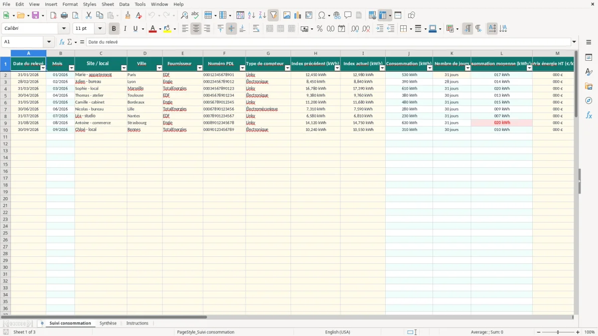 Capture 1 : onglet Suivi consommation - Modèle Excel tableau suivi consommation électricité Excel