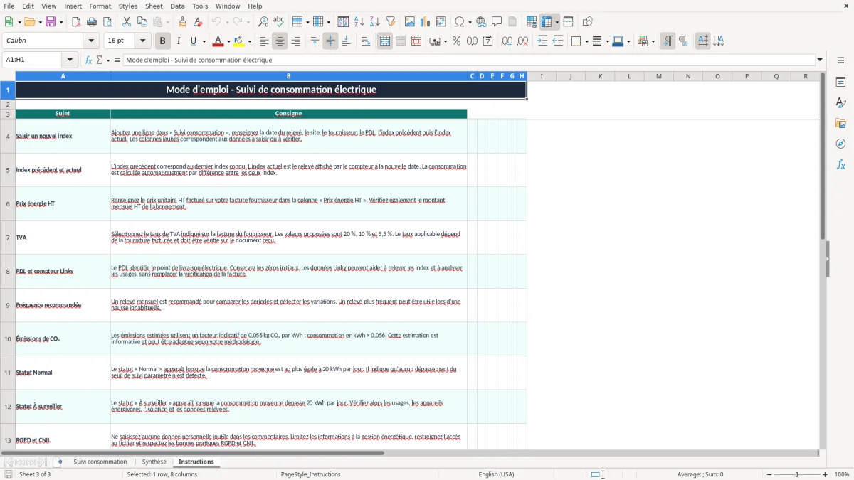Capture 3 : onglet Instructions - Modèle Excel tableau suivi consommation électricité Excel