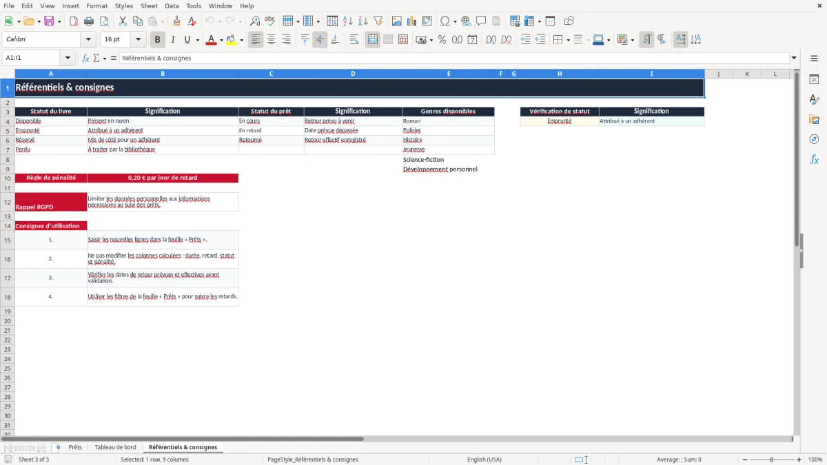 Capture 3 : onglet Référentiels & consignes - Modèle Excel tableau suivi prêts de livres bibliothèque Excel