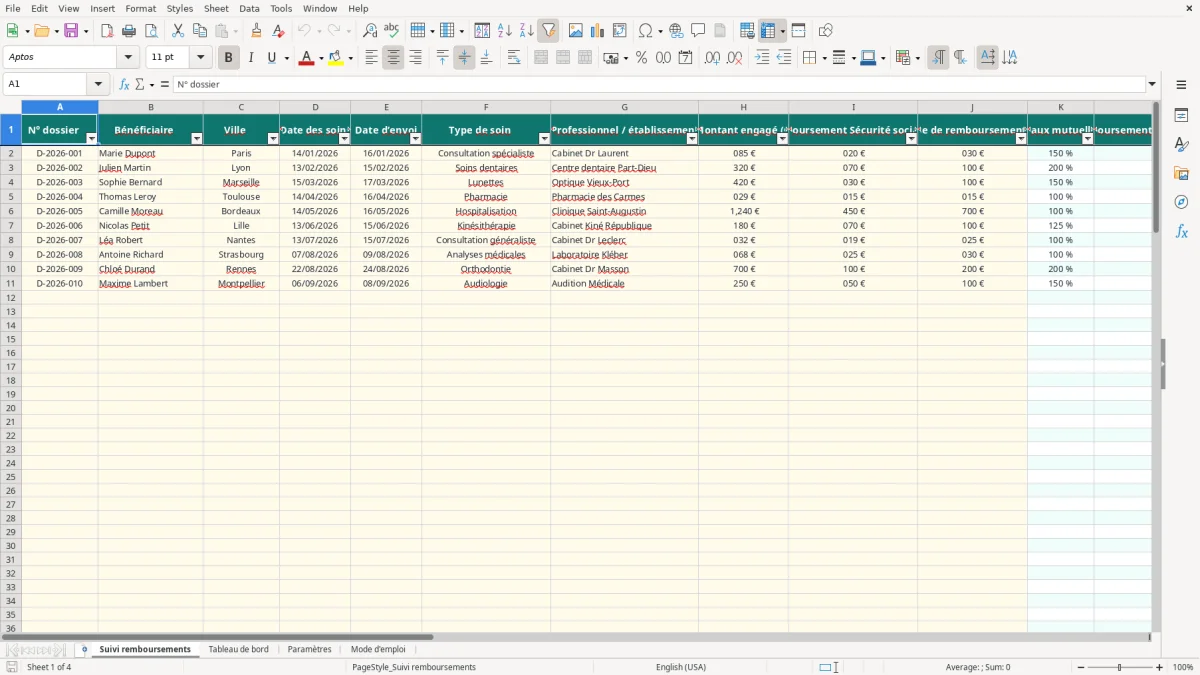 Capture 1 : onglet Suivi remboursements - Modèle Excel tableau suivi remboursements mutuelle Excel