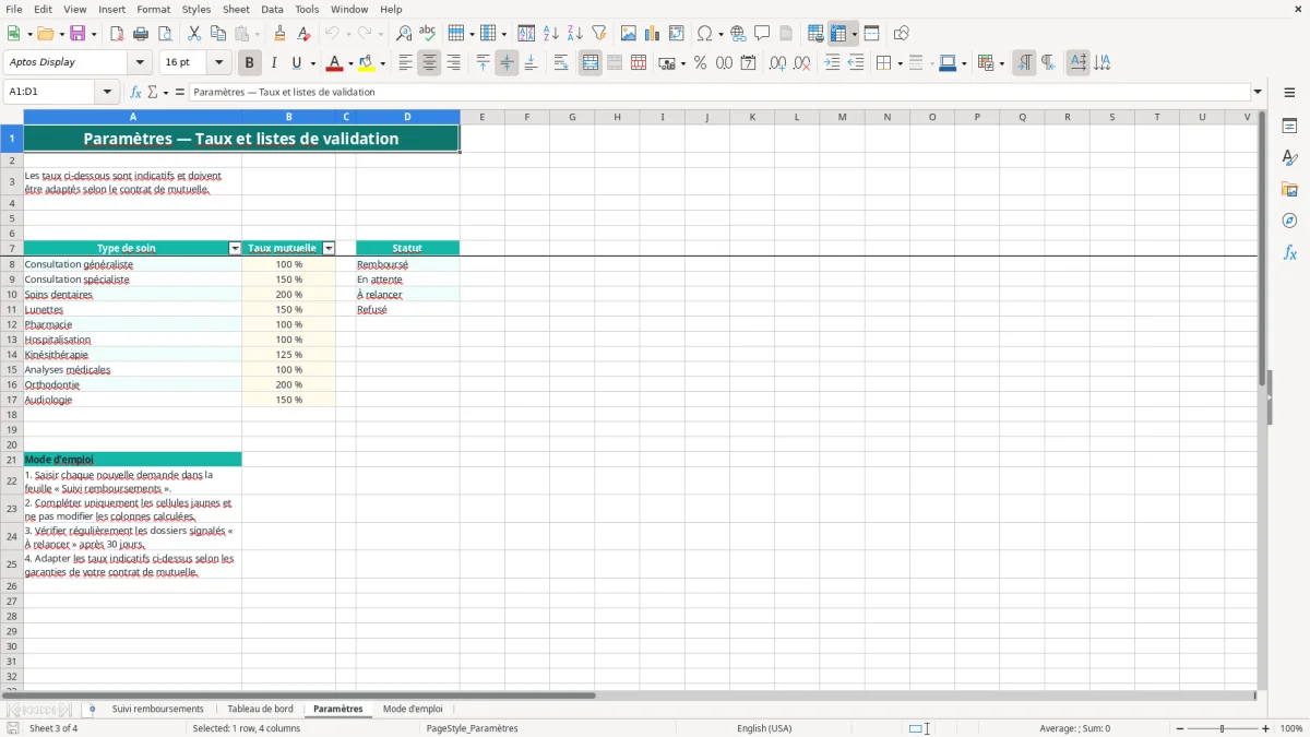 Capture 3 : onglet Paramètres - Modèle Excel tableau suivi remboursements mutuelle Excel