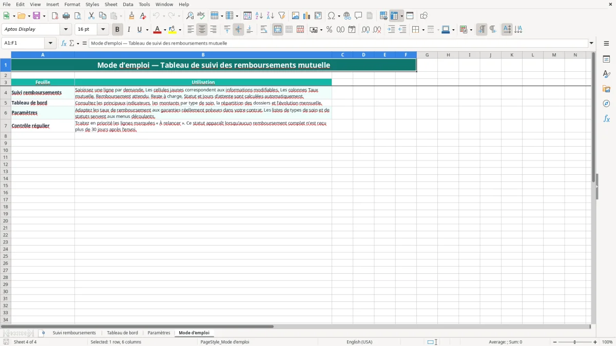 Capture 4 : onglet Mode d'emploi - Modèle Excel tableau suivi remboursements mutuelle Excel